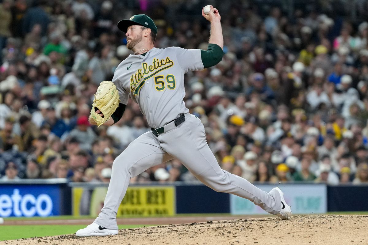 Athletics starting pitcher Jeffrey Springs (59) pitches the ball during an MLB baseball game against the Padres, Friday May 22, 2026 in San Diego, California.