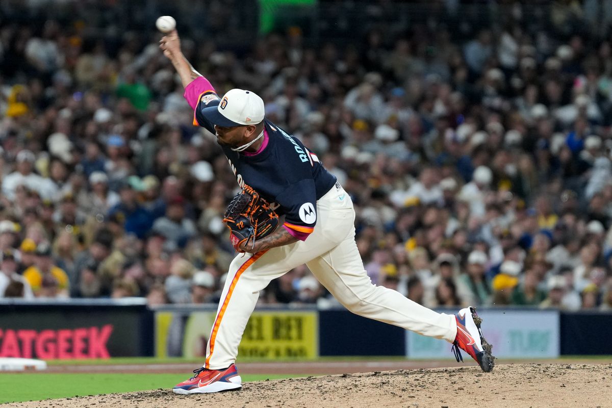 Padres relief pitcher Bradgley Rodriguez (72) pitches the ball during an MLB baseball game against the Athletics, Friday May 22, 2026 in San Diego, California.