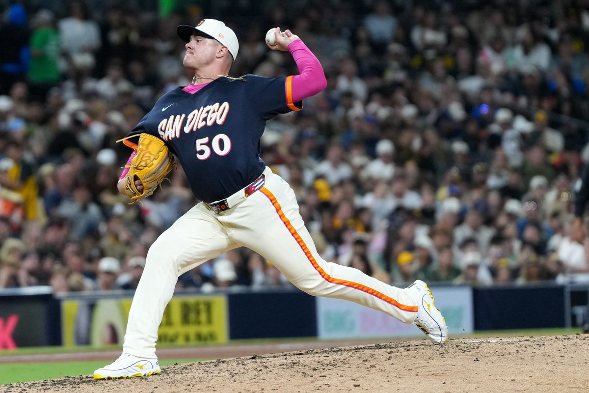 Padres relief pitcher Adrian Morejon (50) pitches the ball during an MLB baseball game against the Athletics, Friday May 22, 2026 in San Diego, California.