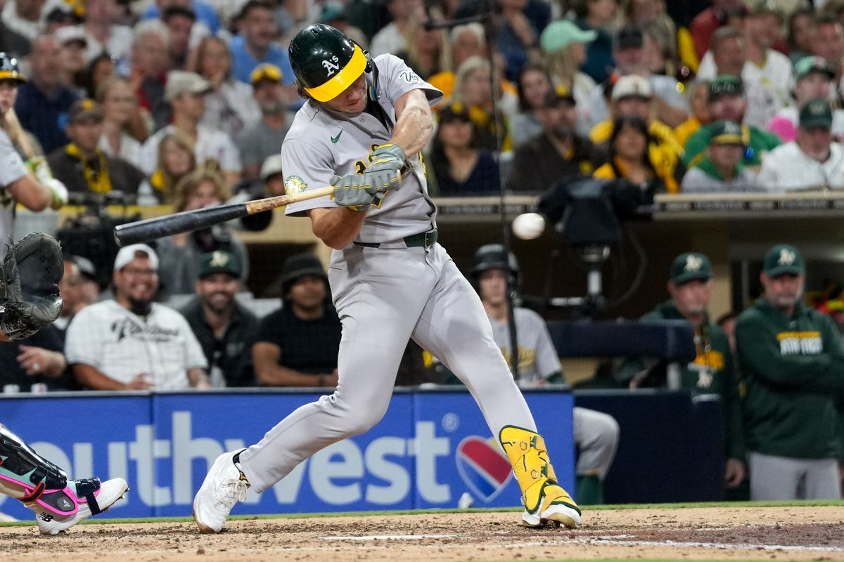 Athletics right fielder Colby Thomas (32) hits a foul ball during an MLB baseball game against the Padres, Friday May 22, 2026 in San Diego, California.