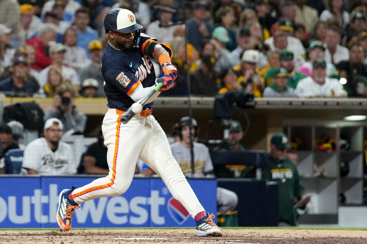 Padres third baseman Miguel Andujar (41) hits a foul ball during an MLB baseball game against the Athletics, Friday May 22, 2026 in San Diego, California.