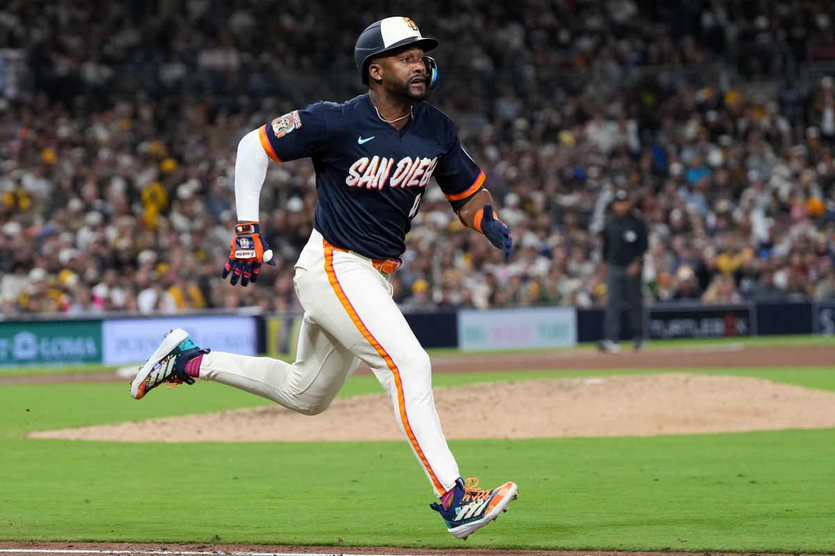 Padres third baseman Miguel Andujar (41) runs to first base during an MLB baseball game against the Athletics, Friday May 22, 2026 in San Diego, California.
