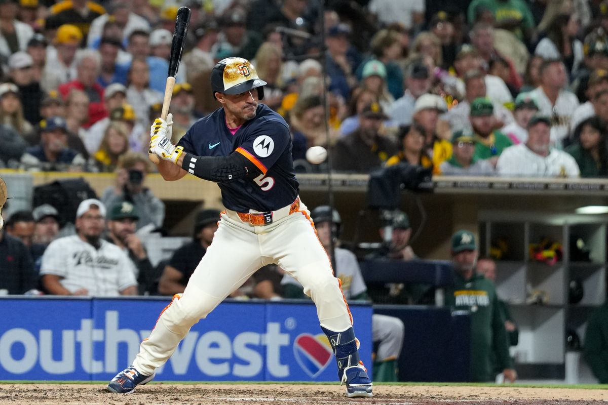 Padres left fielder Ramon Laureano (5) lets the pitch go by for a ball during an MLB baseball game against the Athletics, Friday May 22, 2026 in San Diego, California.