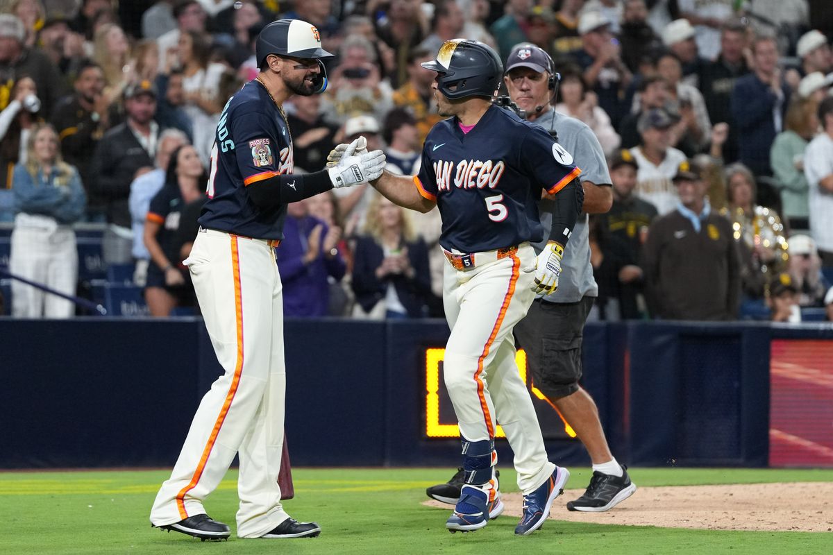 Padres left fielder Ramon Laureano (5) celebrates after hitting a home run during an MLB baseball game against the Athletics, Friday May 22, 2026 in San Diego, California.
