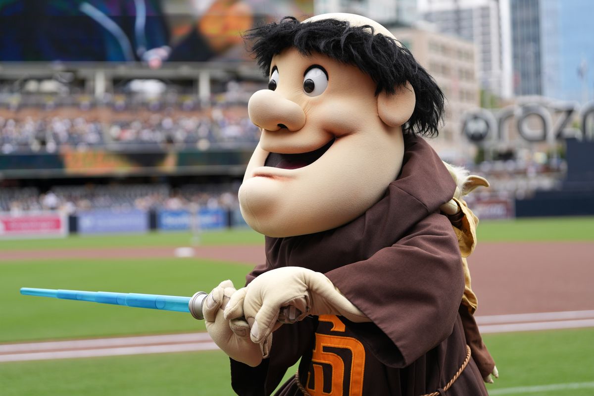 Padres mascot wields lightsaber before an MLB baseball game against the Athletics, Sunday May 24, 2026 in San Diego, California. Padres mascot wields lightsaber before an MLB baseball game against the Athletics, Sunday May 24, 2026 in San Diego, California.