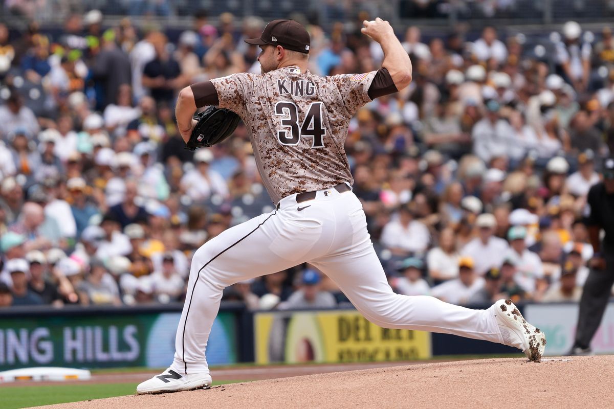 Padres starting pitcher Michael King (34) pitches the ball during an MLB baseball game against the Athletics, Sunday May 24, 2026 in San Diego, California. Padres starting pitcher Michael King (34) pitches the ball during an MLB baseball game against the Athletics, Sunday May 24, 2026 in San Diego, California.