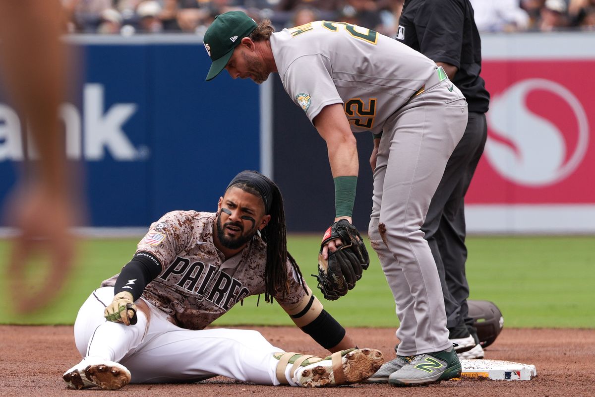 Padres right fielder Fernando Tatis Jr. (23) disappointed after getting out at second base during an MLB baseball game against the Athletics, Sunday May 24, 2026 in San Diego, California. Padres right fielder Fernando Tatis Jr. (23) disappointed after getting out at second base during an MLB baseball game against the Athletics, Sunday May 24, 2026 in San Diego, California.