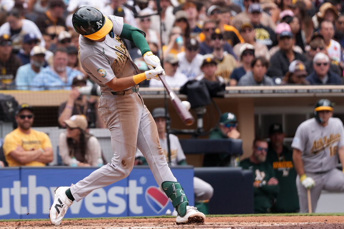 Athletics second baseman Alika Williams (12) hits a foul ball during an MLB baseball game against the Padres, Sunday May 24, 2026 in San Diego, California. Athletics second baseman Alika Williams (12) hits a foul ball during an MLB baseball game against the Padres, Sunday May 24, 2026 in San Diego, California.