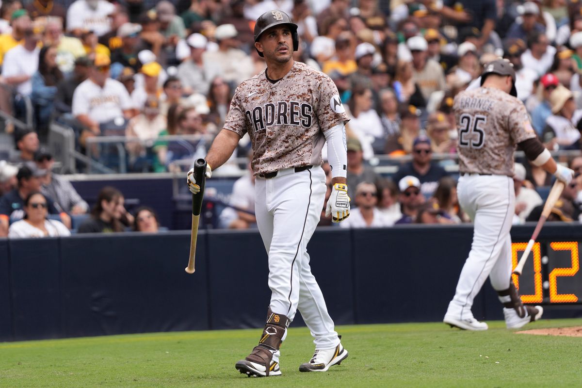 Padres left fielder Ramon Laureano (5) walks back to the dug out after striking out during an MLB baseball game against the Athletics, Sunday May 24, 2026 in San Diego, California. Padres left fielder Ramon Laureano (5) walks back to the dug out after striking out during an MLB baseball game against the Athletics, Sunday May 24, 2026 in San Diego, California.