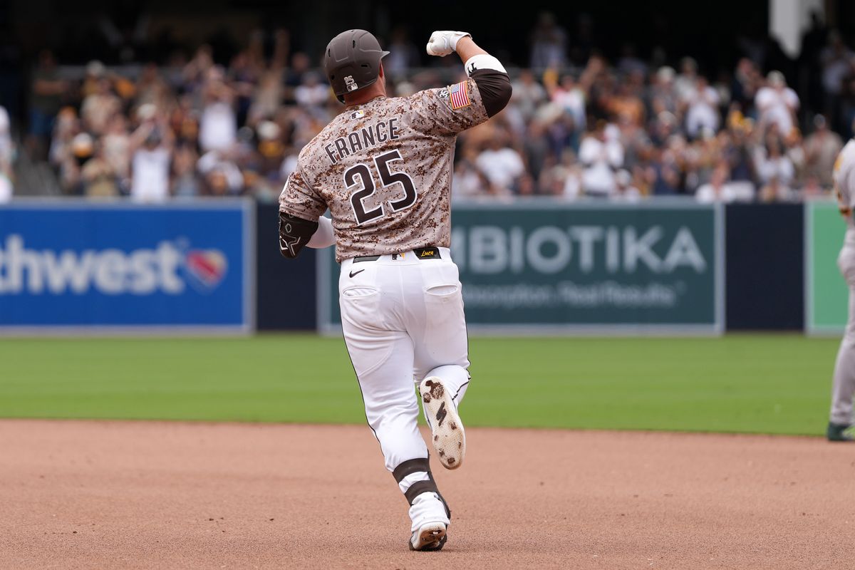 Padres first baseman Ty France (25) celebrates after hitting a home run during an MLB baseball game against the Athletics, Sunday May 24, 2026 in San Diego, California. Padres first baseman Ty France (25) celebrates after hitting a home run during an MLB baseball game against the Athletics, Sunday May 24, 2026 in San Diego, California.