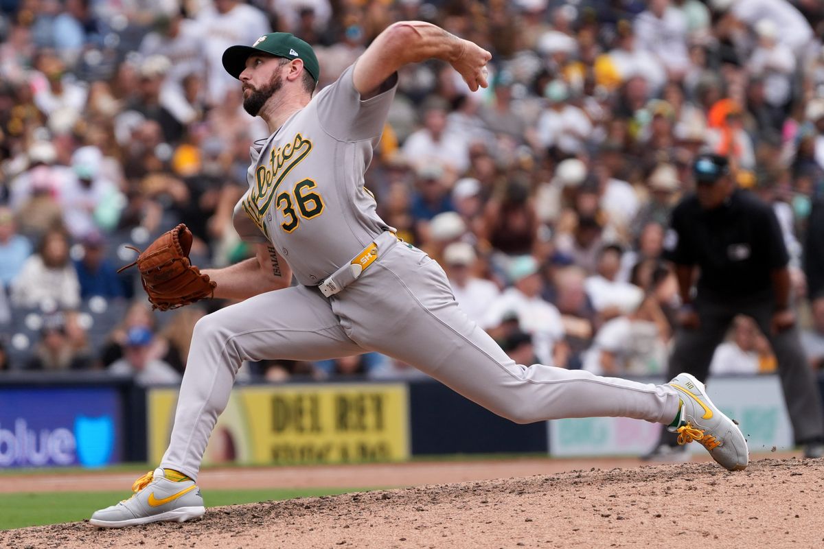 Athletics relief pitcher Hogan Harris (36) pitches the ball during an MLB baseball game against the Padres, Sunday May 24, 2026 in San Diego, California. Athletics relief pitcher Hogan Harris (36) pitches the ball during an MLB baseball game against the Padres, Sunday May 24, 2026 in San Diego, California.