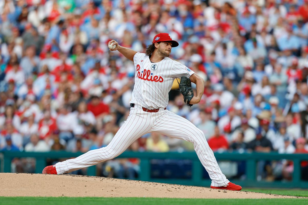 Aaron Nola #27 of the Philadelphia Phillies throws a pitch against the San Diego Padres at Citizens Bank Park on June 2, 2026 in Philadelphia, Pennsylvania.