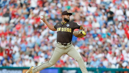 Randy Vasquez #98 of the San Diego Padres throw a pitch against the Philadelphia Phillies at Citizens Bank Park on June 2, 2026 in Philadelphia, Pennsylvania.
