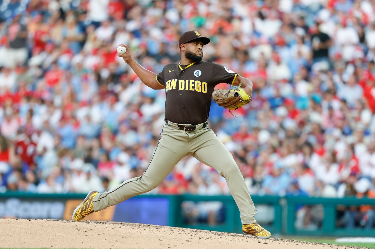 Randy Vasquez #98 of the San Diego Padres throw a pitch against the Philadelphia Phillies at Citizens Bank Park on June 2, 2026 in Philadelphia, Pennsylvania.