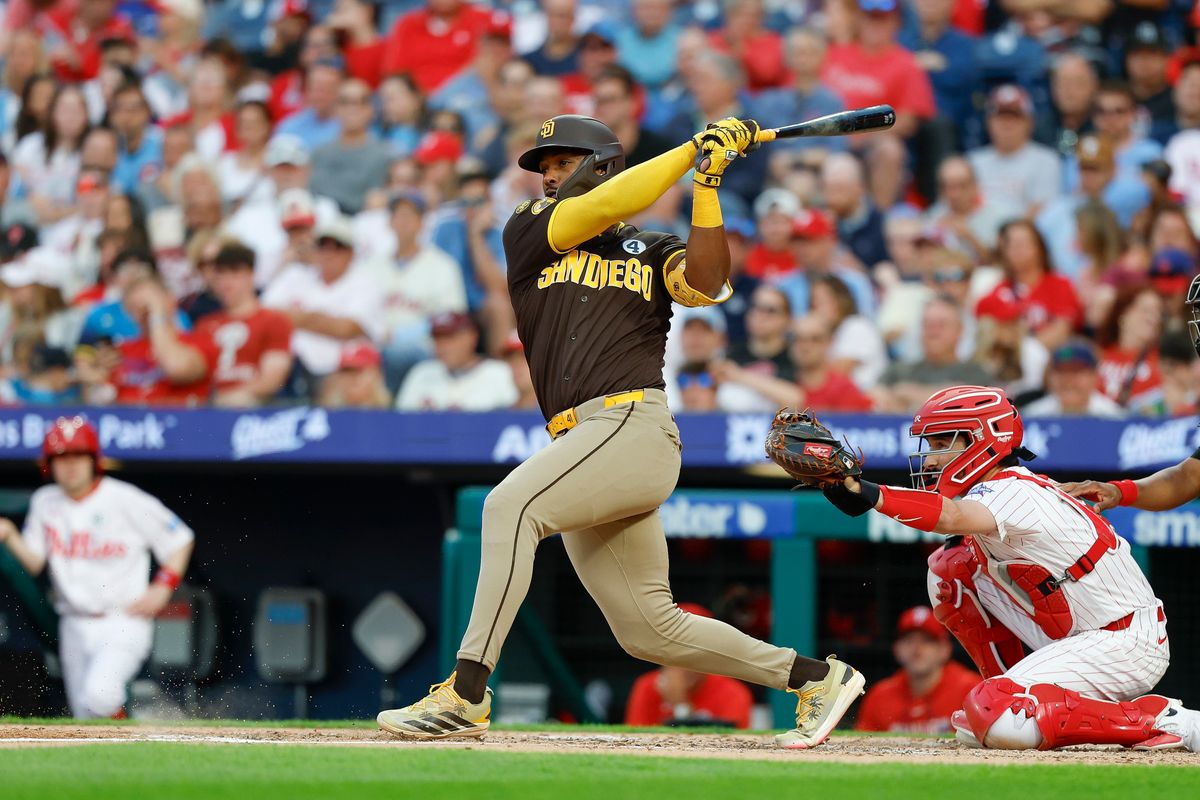 Miguel Andujar #41 of the San Diego Padres swings the bat against the Philadelphia Phillies at Citizens Bank Park on June 2, 2026 in Philadelphia, Pennsylvania.