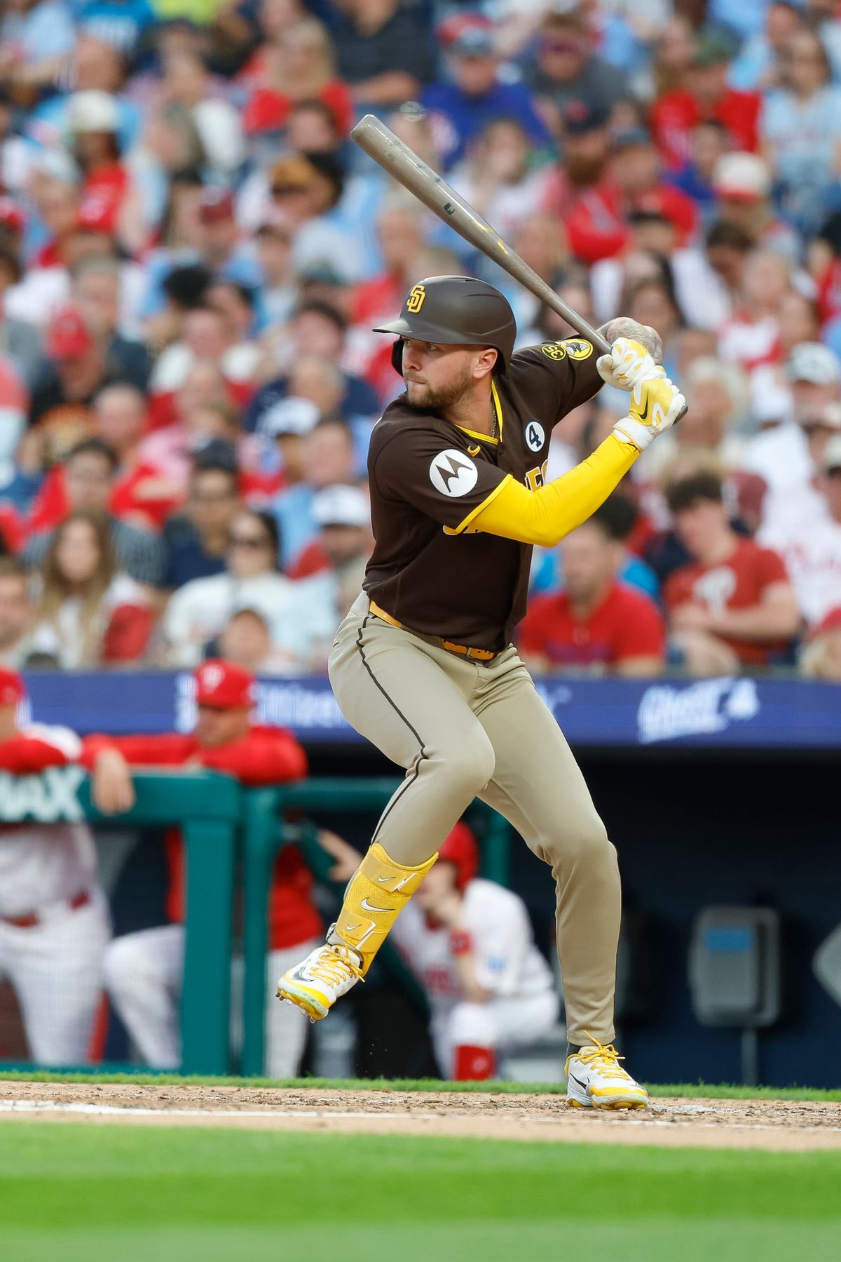 Jackson Merrill #3 of the San Diego Padres bats against the Philadelphia Phillies at Citizens Bank Park on June 2, 2026 in Philadelphia, Pennsylvania.