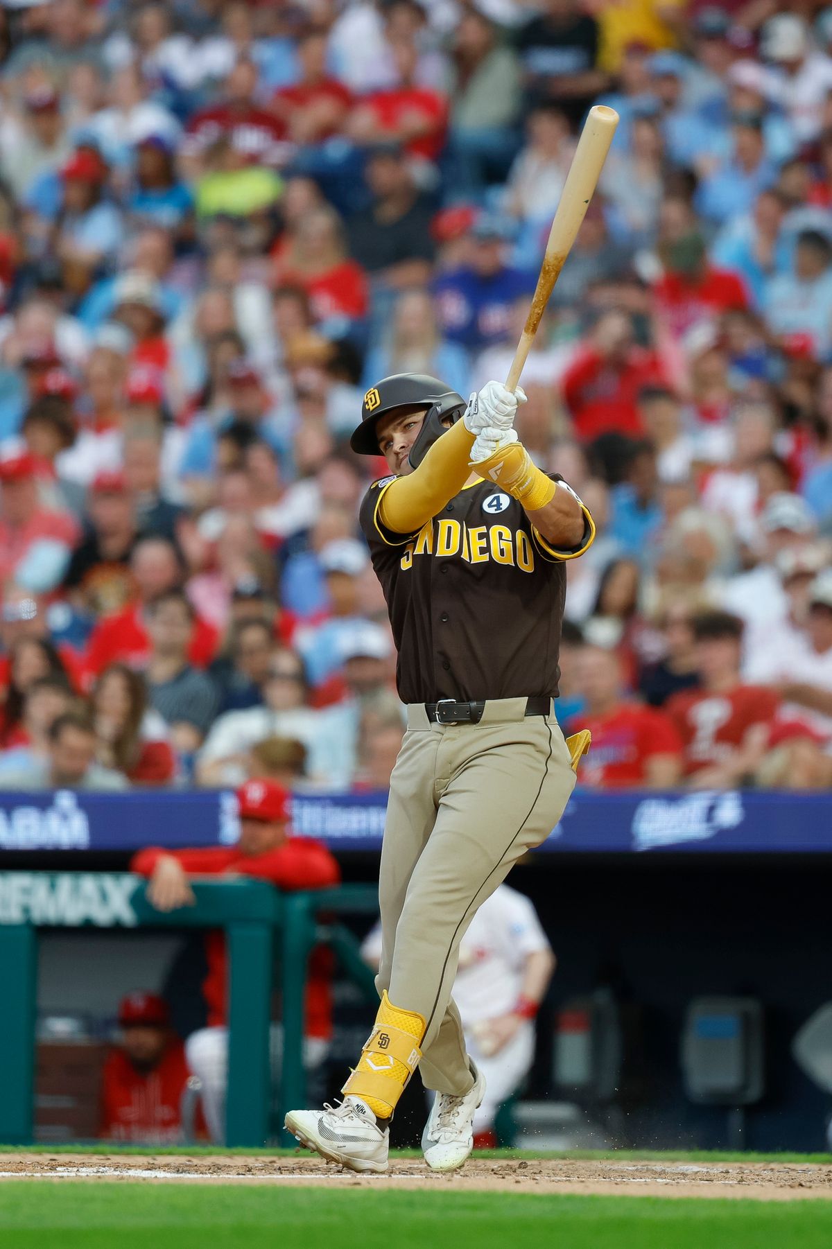 Jase Bowen #4 of the San Diego Padres bats in his MLB debut against the Philadelphia Phillies at Citizens Bank Park on June 2, 2026 in Philadelphia, Pennsylvania.