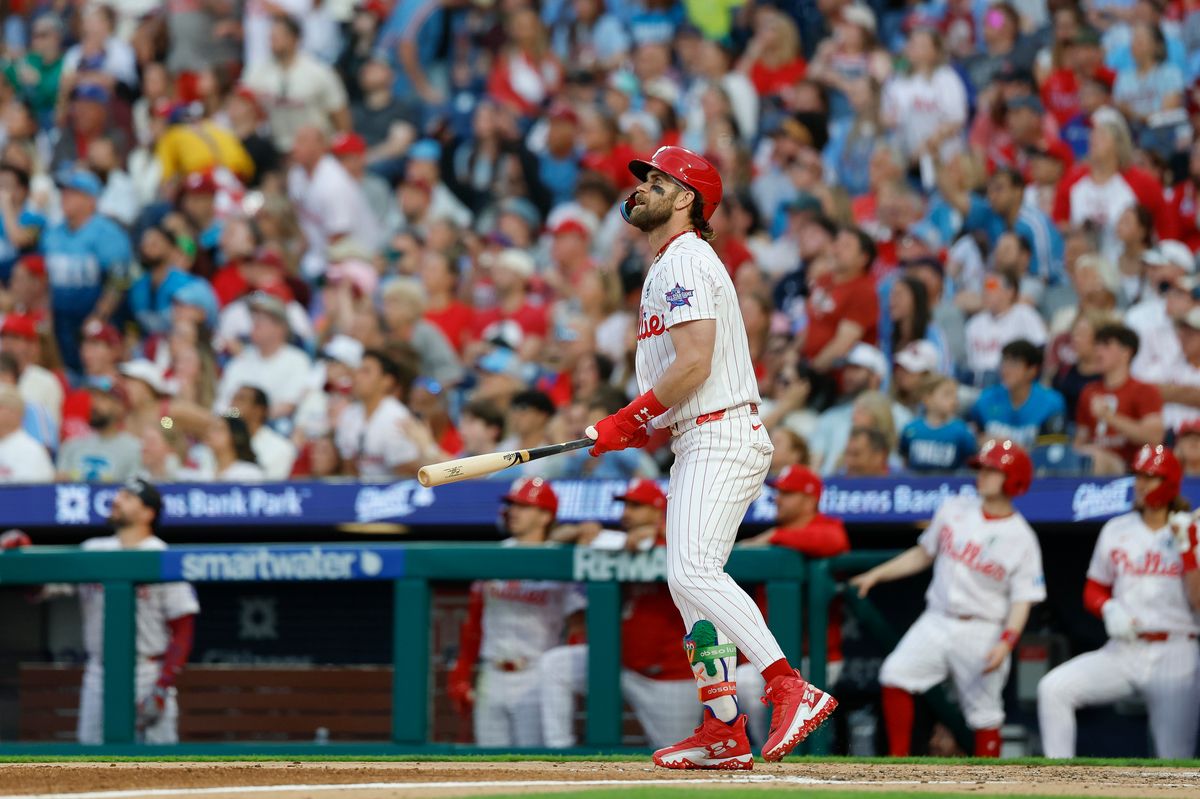 Bryce Harper #3 of the Philadelphia Phillies hits a home run against the San Diego Padres at Citizens Bank Park on June 2, 2026 in Philadelphia, Pennsylvania.