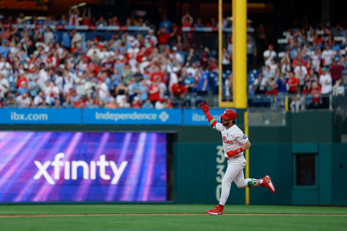 Bryce Harper #3 of the Philadelphia Phillies hits a home run against the San Diego Padres at Citizens Bank Park on June 2, 2026 in Philadelphia, Pennsylvania.