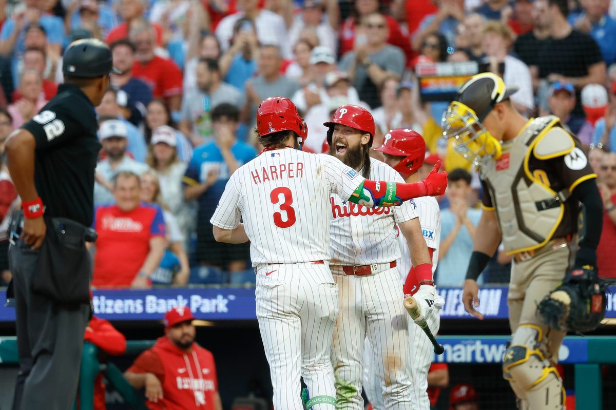 Bryce Harper #3 of the Philadelphia Phillies hits a home run against the San Diego Padres at Citizens Bank Park on June 2, 2026 in Philadelphia, Pennsylvania.