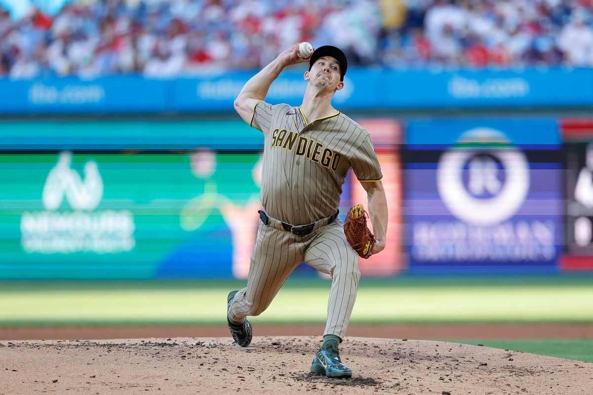 Walker Buehler #10 of the San Diego Padres throws a pitch against the Philadelphia Phillies at Citizens Bank Park on June 3, 2026 in Philadelphia, Pennsylvania.