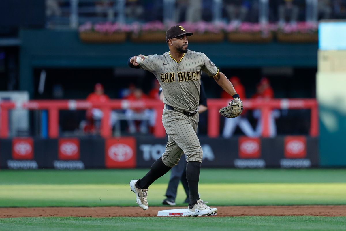 Xander Bogaerts #2 of the San Diego Padres throws to first base against the Philadelphia Phillies at Citizens Bank Park on June 3, 2026 in Philadelphia, Pennsylvania.