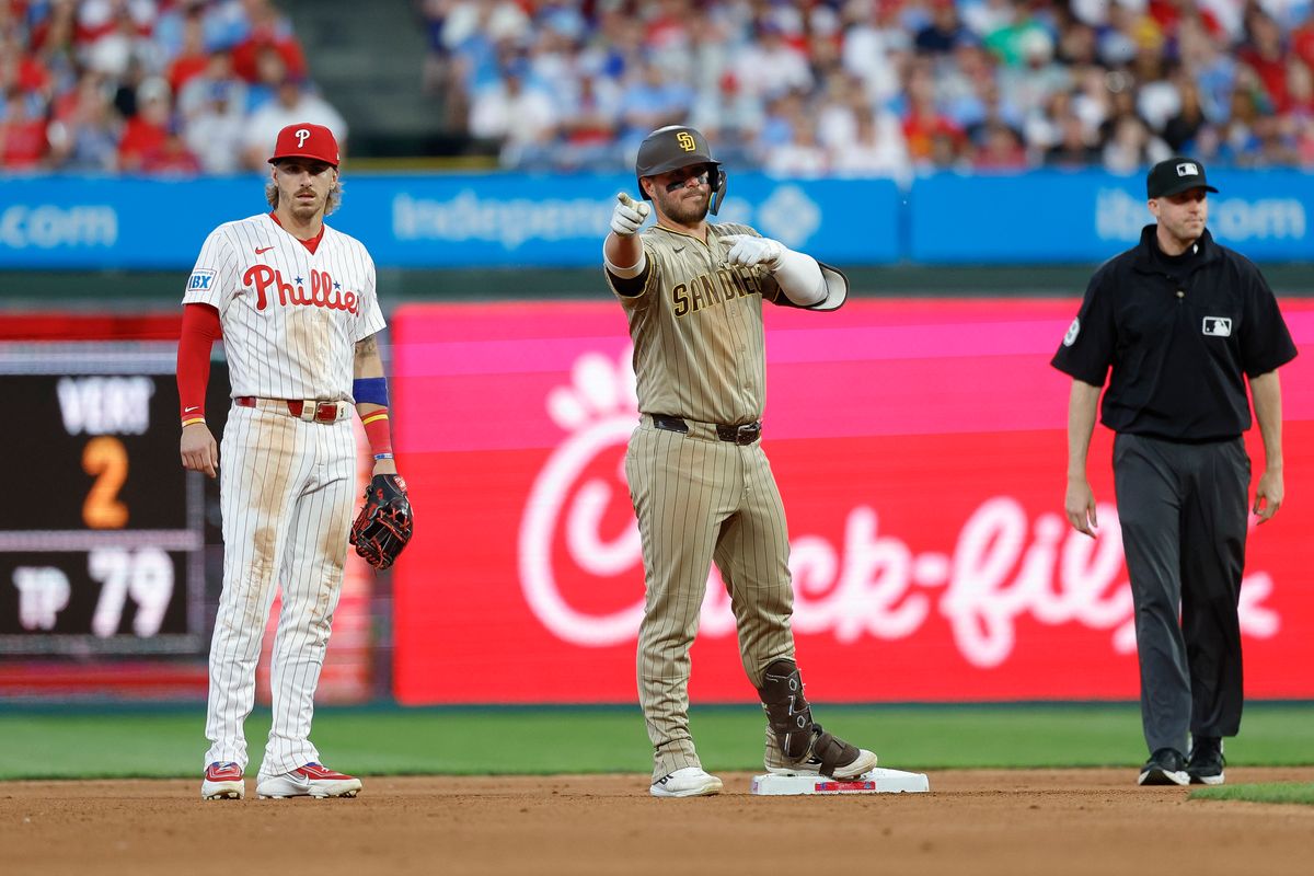 Ty France #25 of the San Diego Padres celebrates against the Philadelphia Phillies at Citizens Bank Park on June 3, 2026 in Philadelphia, Pennsylvania.