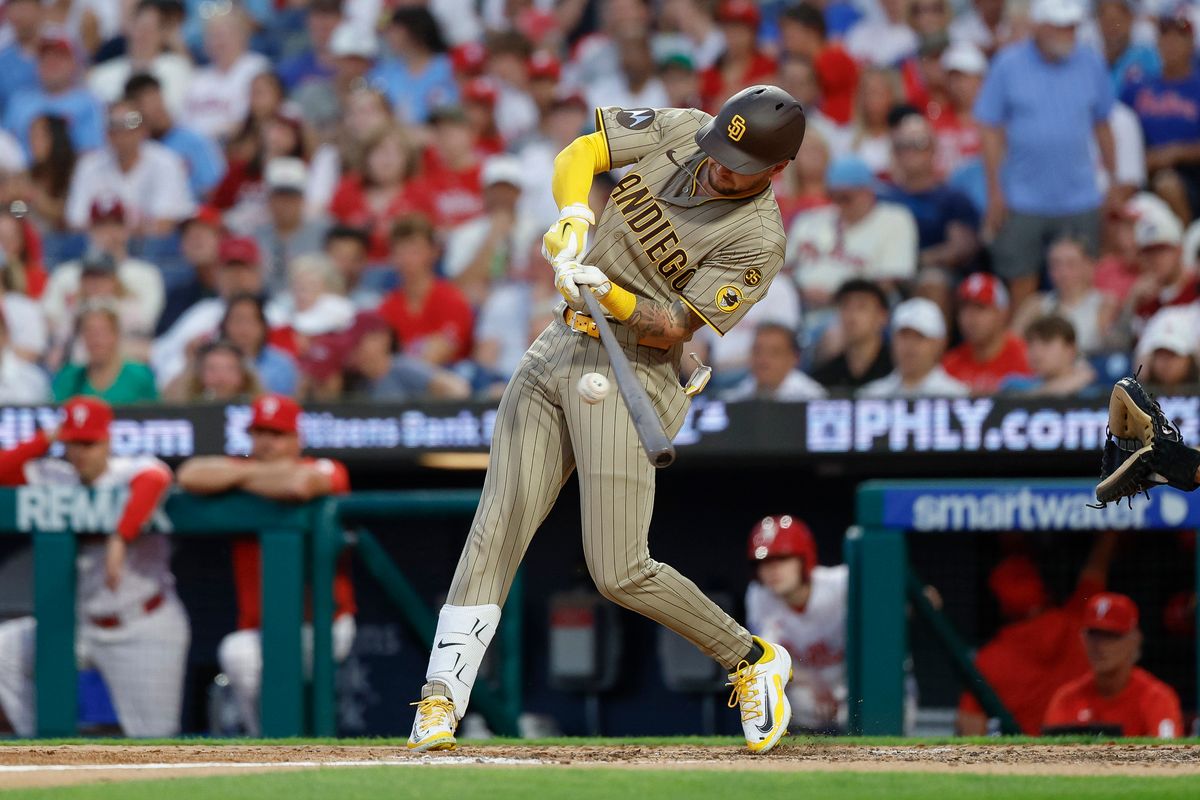 Jackson Merrill #3 of the San Diego Padres hits an RBI single in the seventh inning against the Philadelphia Phillies at Citizens Bank Park on June 3, 2026 in Philadelphia, Pennsylvania.
