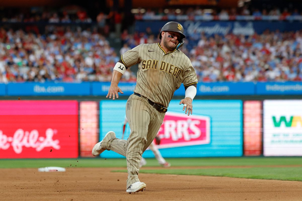 Ty France #25 of the San Diego Padres rounds the bases to score against the Philadelphia Phillies at Citizens Bank Park on June 3, 2026 in Philadelphia, Pennsylvania.