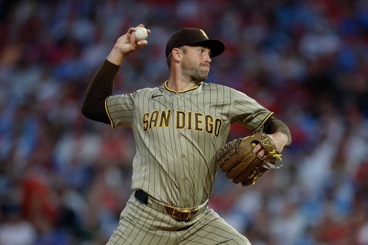 Jason Adam #40 of the San Diego Padres throws a pitch against the Philadelphia Phillies at Citizens Bank Park on June 3, 2026 in Philadelphia, Pennsylvania.
