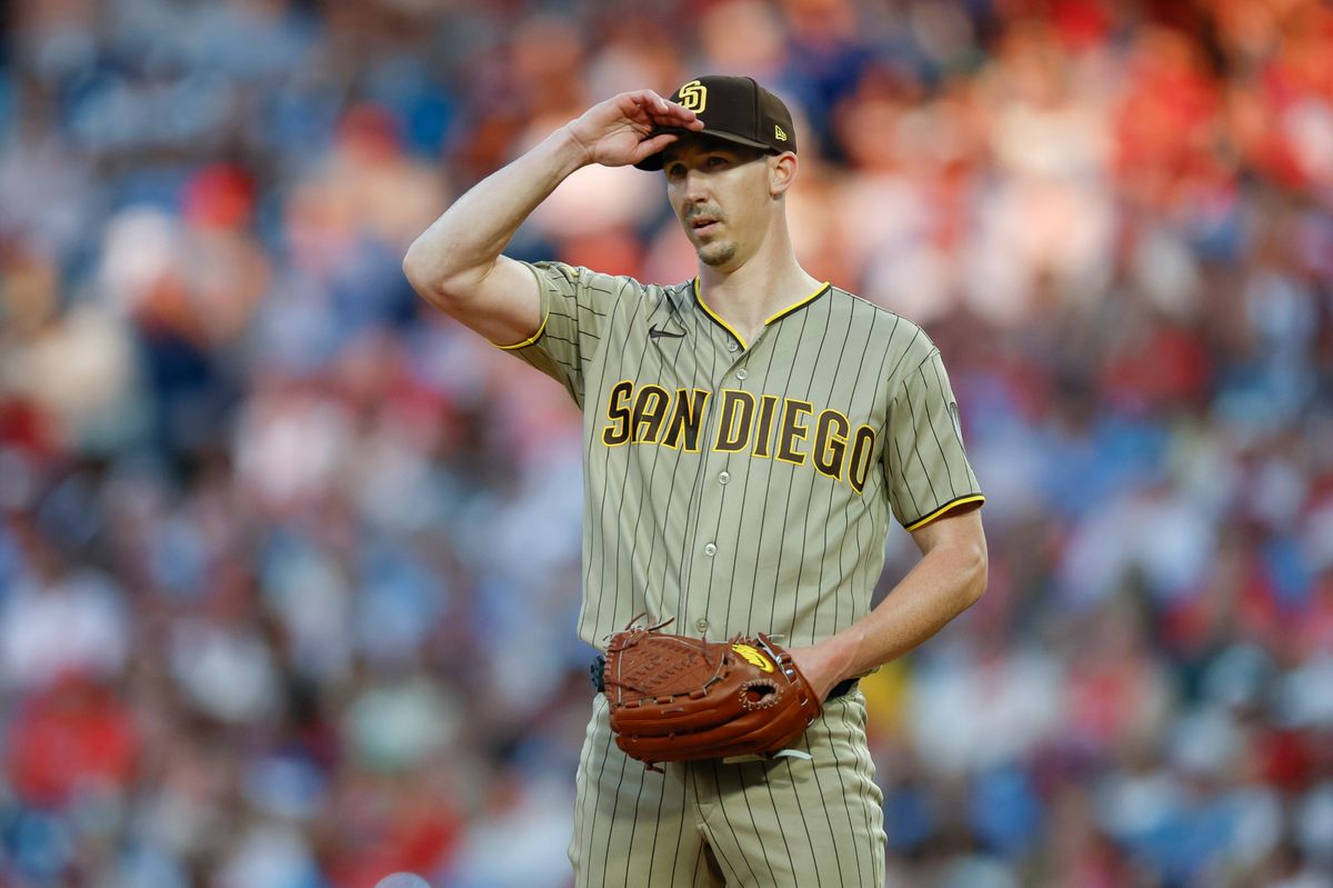 Walker Buehler #10 of the San Diego Padres grips his hat against the Philadelphia Phillies at Citizens Bank Park on June 3, 2026 in Philadelphia, Pennsylvania.