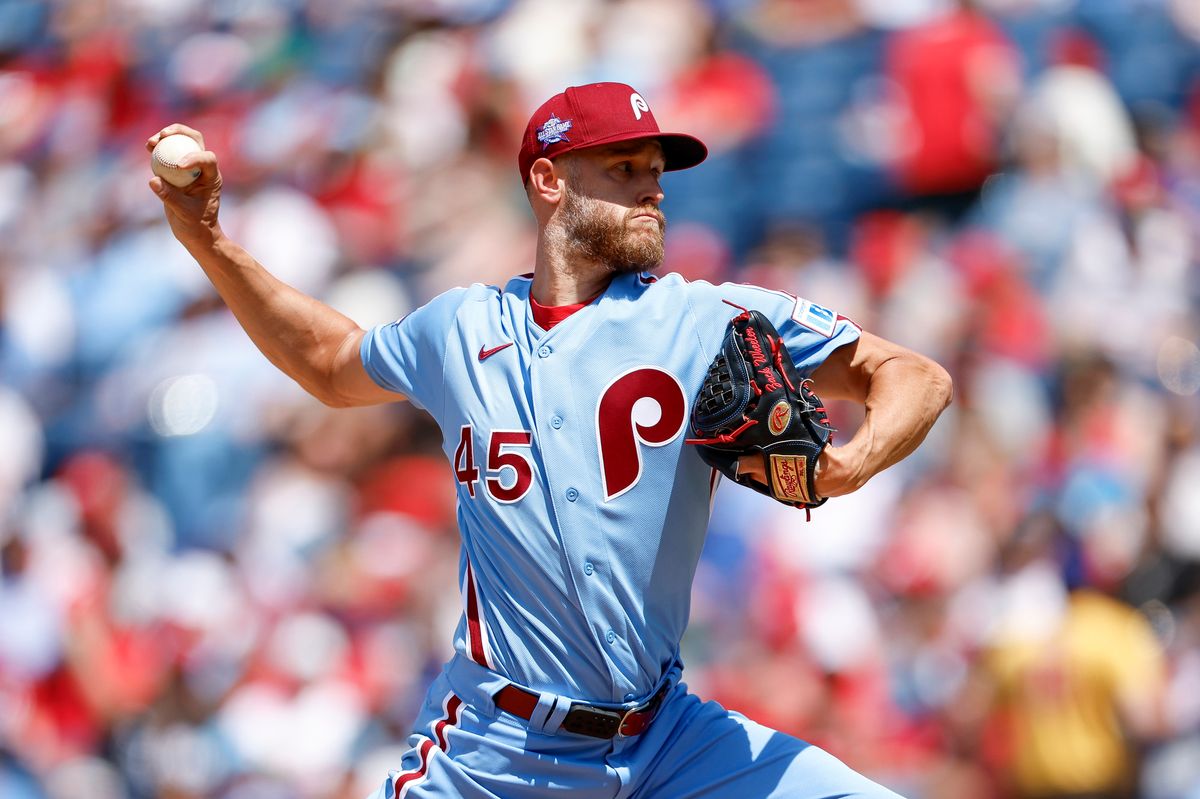 Zack Wheeler #45 of the Philadelphia Phillies pitches against the San Diego Padres at Citizens Bank Park on June 2, 2026 in Philadelphia, Pennsylvania.