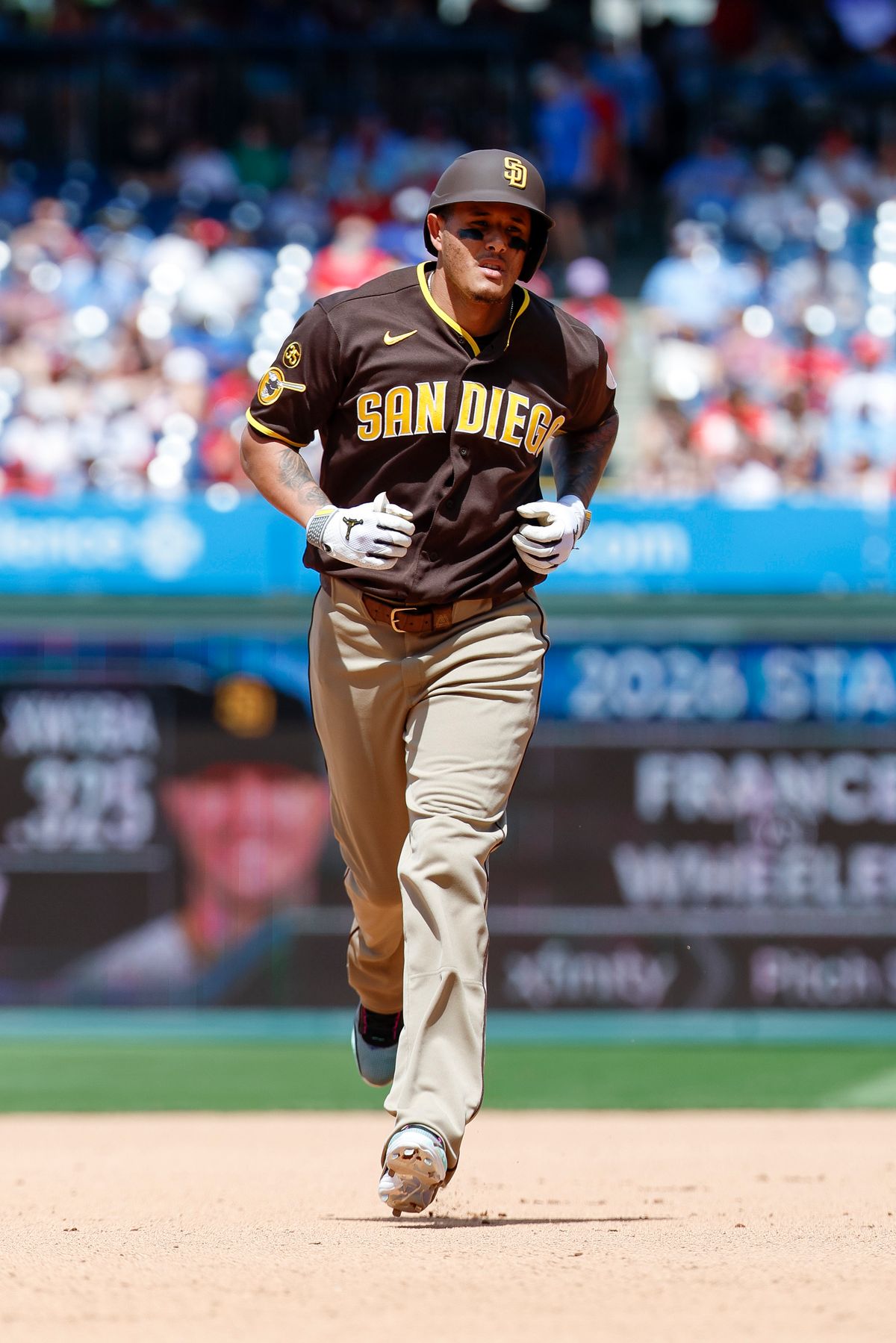 Manny Machado #13 of the San Diego Padres hits a home run against the Philadelphia Phillies at Citizens Bank Park on June 2, 2026 in Philadelphia, Pennsylvania.