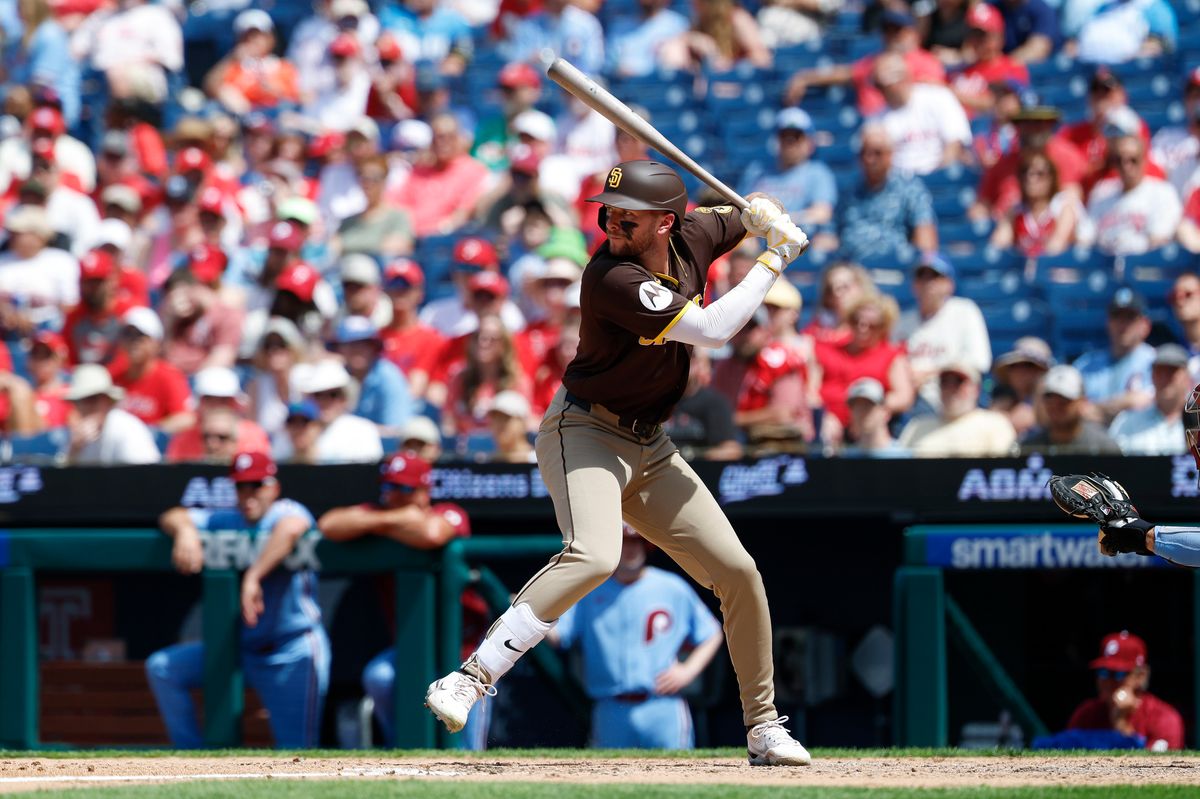 Jackson Merrill #3 of the San Diego Padres bats against the Philadelphia Phillies at Citizens Bank Park on June 2, 2026 in Philadelphia, Pennsylvania.