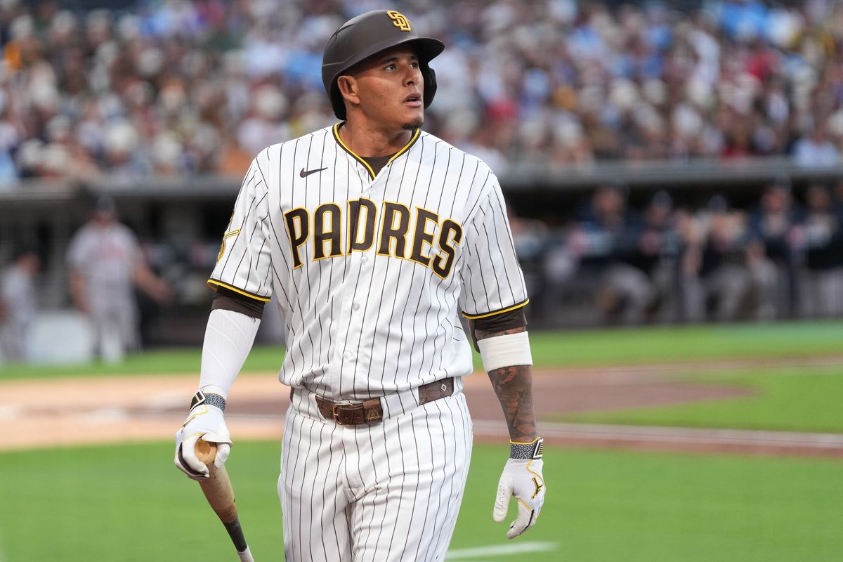 Padres third baseman Manny Machado (13) looks on after he strikes out during an MLB baseball game against the Braves, Monday June 22, 2026 in San Diego, California. Padres third baseman Manny Machado (13) looks on after he strikes out during an MLB baseball game against the Braves, Monday June 22, 2026 in San Diego, California.