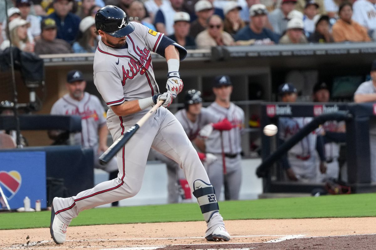 Braves third baseman Austin Riley (27) swings and misses the ball during an MLB baseball game against the Padres, Monday June 22, 2026 in San Diego, California. Braves third baseman Austin Riley (27) swings and misses the ball during an MLB baseball game against the Padres, Monday June 22, 2026 in San Diego, California.