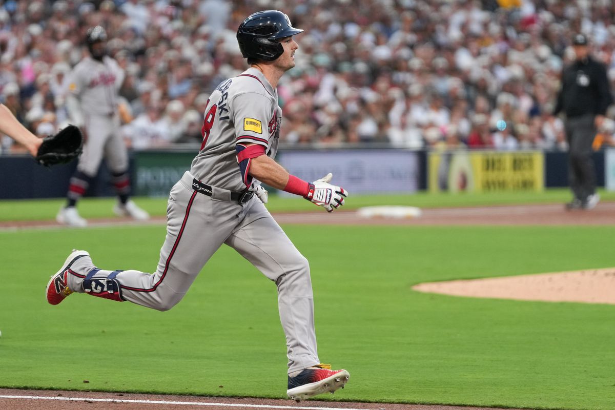 Braves left fielder Mike Yastrzemski (18) runs to first base during an MLB baseball game against the Padres, Monday June 22, 2026 in San Diego, California. Braves left fielder Mike Yastrzemski (18) runs to first base during an MLB baseball game against the Padres, Monday June 22, 2026 in San Diego, California.