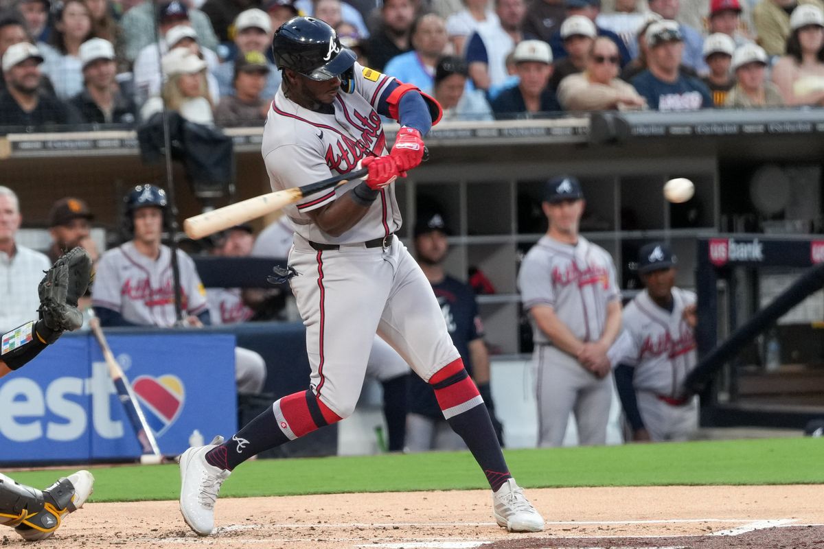 Braves shortstop Jorge Mateo (2) swings and misses the ball during an MLB baseball game against the Padres, Monday June 22, 2026 in San Diego, California. Braves shortstop Jorge Mateo (2) swings and misses the ball during an MLB baseball game against the Padres, Monday June 22, 2026 in San Diego, California.