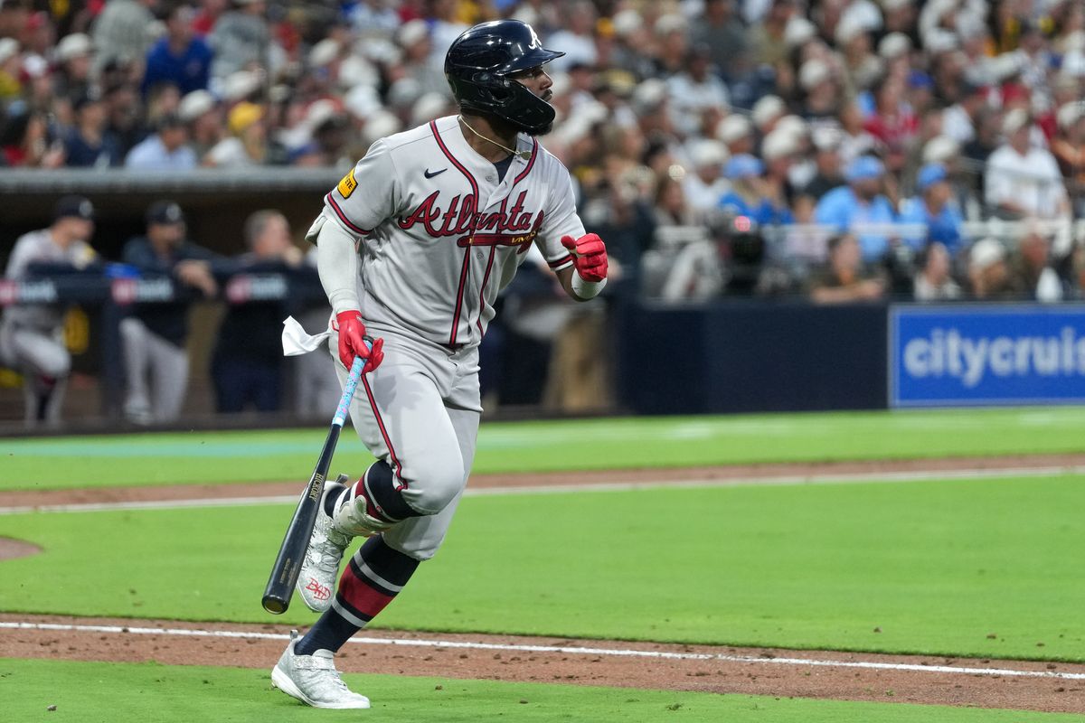 Braves center fielder Michael Harris II (23) runs to first base during an MLB baseball game against the Padres, Monday June 22, 2026 in San Diego, California. Braves center fielder Michael Harris II (23) runs to first base during an MLB baseball game against the Padres, Monday June 22, 2026 in San Diego, California.