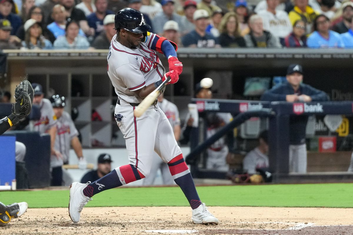 Braves shortstop Jorge Mateo (2) hits the ball during an MLB baseball game against the Padres, Monday June 22, 2026 in San Diego, California. Braves shortstop Jorge Mateo (2) hits the ball during an MLB baseball game against the Padres, Monday June 22, 2026 in San Diego, California.