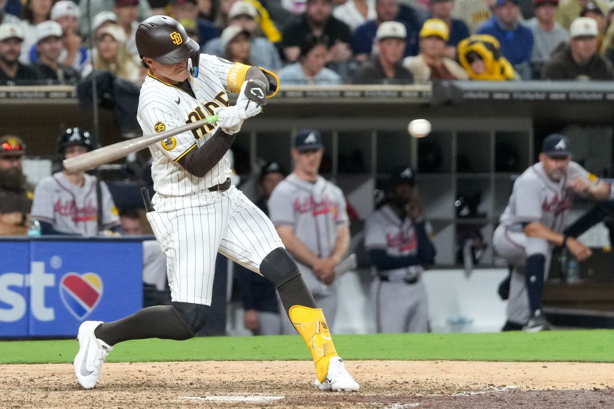 Padres right fielder Jase Bowen (4) swings and misses the ball during an MLB baseball game against the Braves, Monday June 22, 2026 in San Diego, California. Padres right fielder Jase Bowen (4) swings and misses the ball during an MLB baseball game against the Braves, Monday June 22, 2026 in San Diego, California.