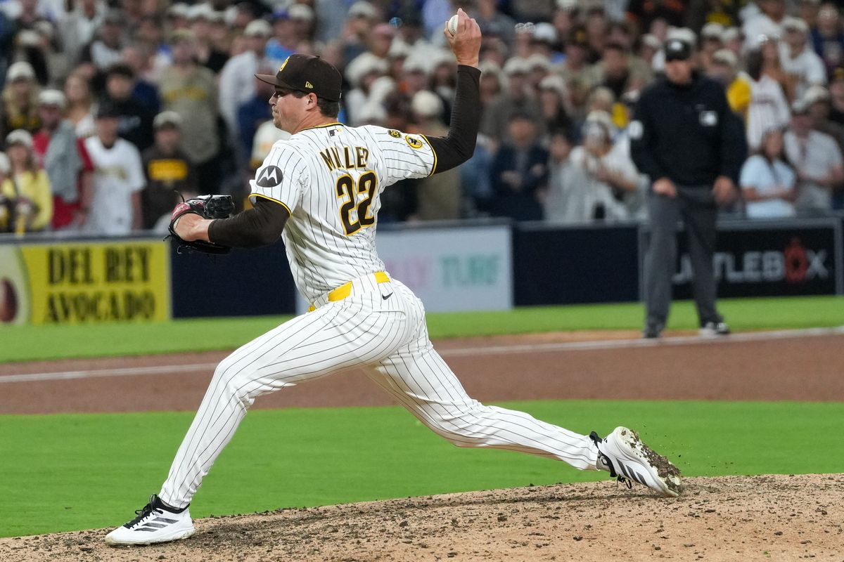 Padres relief pitcher Mason Miller (22) pitches the ball during an MLB baseball game against the Braves, Monday June 22, 2026 in San Diego, California. Padres relief pitcher Mason Miller (22) pitches the ball during an MLB baseball game against the Braves, Monday June 22, 2026 in San Diego, California.