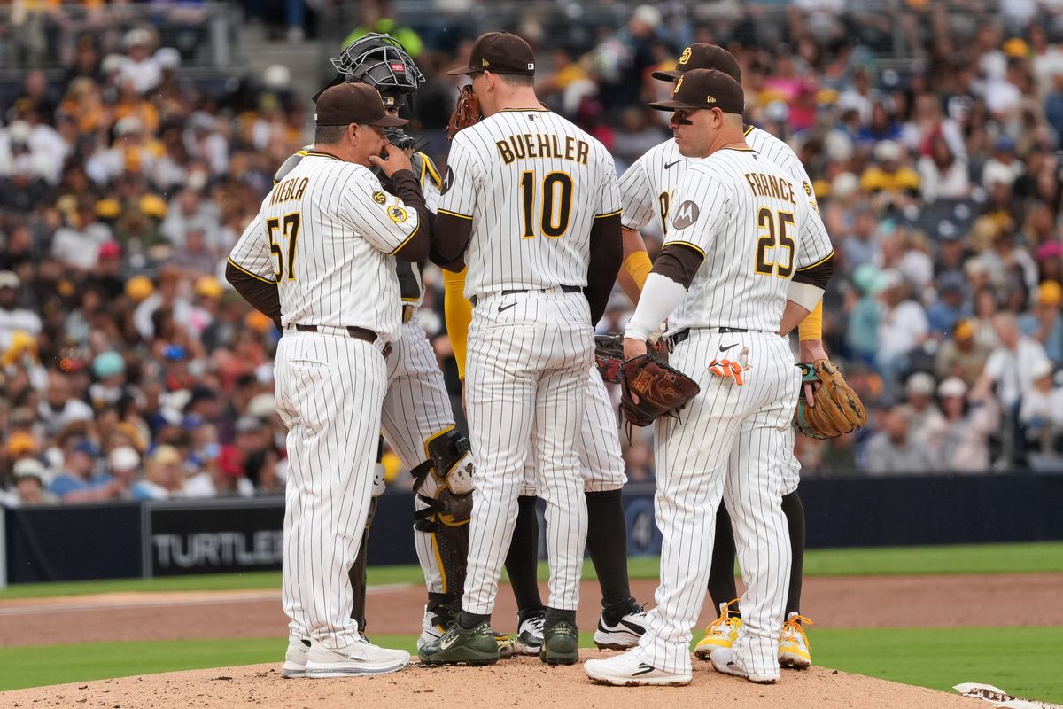 Padres huddle up during an MLB baseball game against the Blue Jays, Saturday July 11, 2026 in San Diego, California. Padres huddle up during an MLB baseball game against the Blue Jays, Saturday July 11, 2026 in San Diego, California.
