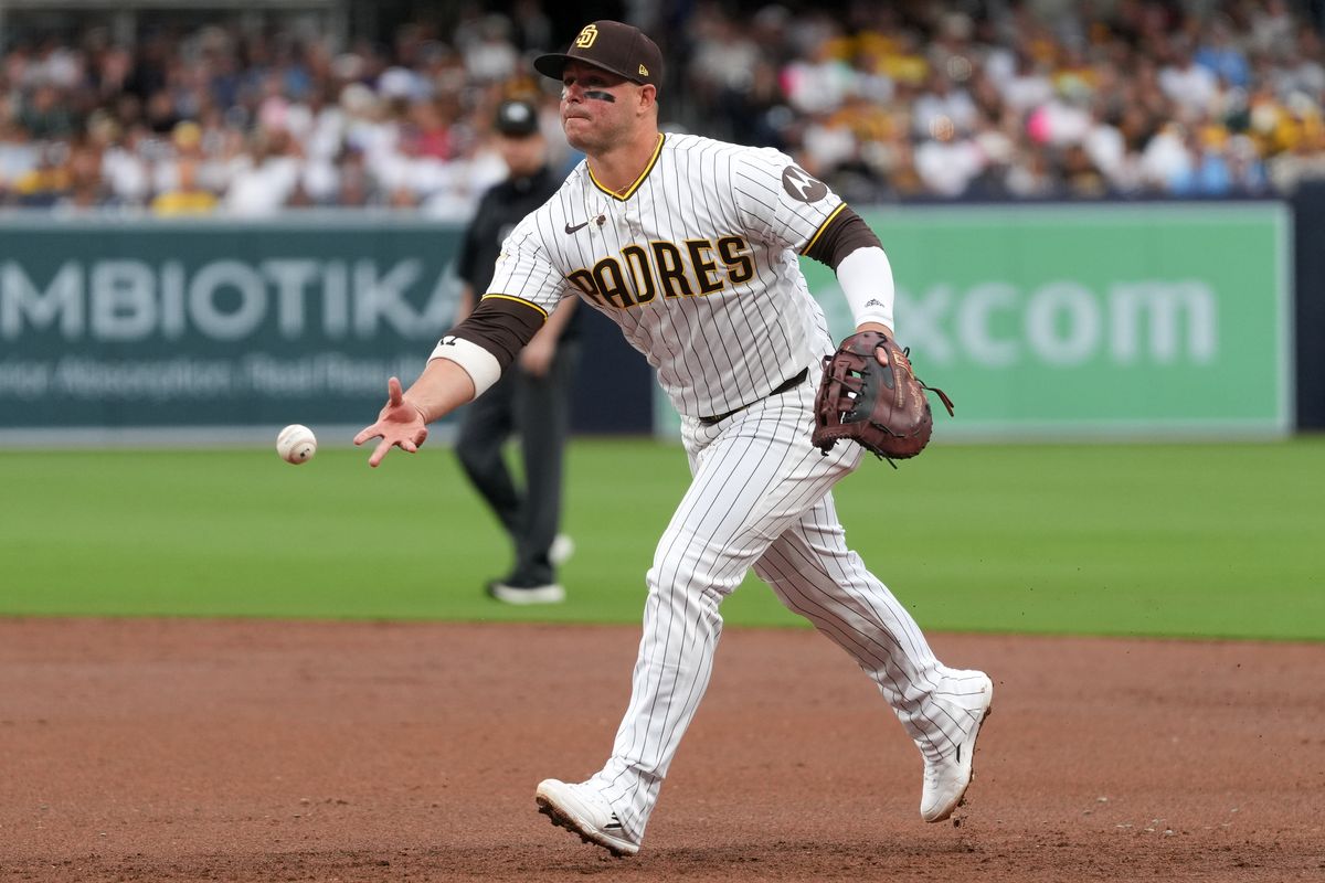 Padres first baseman Ty France (25) throws to first base during an MLB baseball game against the Blue Jays, Saturday July 11, 2026 in San Diego, California. Padres first baseman Ty France (25) throws to first base during an MLB baseball game against the Blue Jays, Saturday July 11, 2026 in San Diego, California.