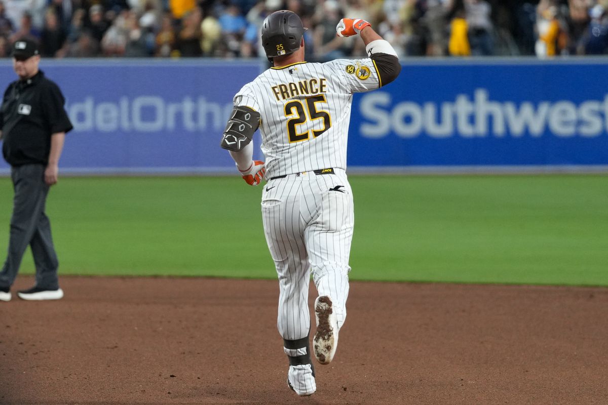 Padres first baseman Ty France (25) celebrates after hitting a home run during an MLB baseball game against the Blue Jays, Saturday July 11, 2026 in San Diego, California. Padres first baseman Ty France (25) celebrates after hitting a home run during an MLB baseball game against the Blue Jays, Saturday July 11, 2026 in San Diego, California.