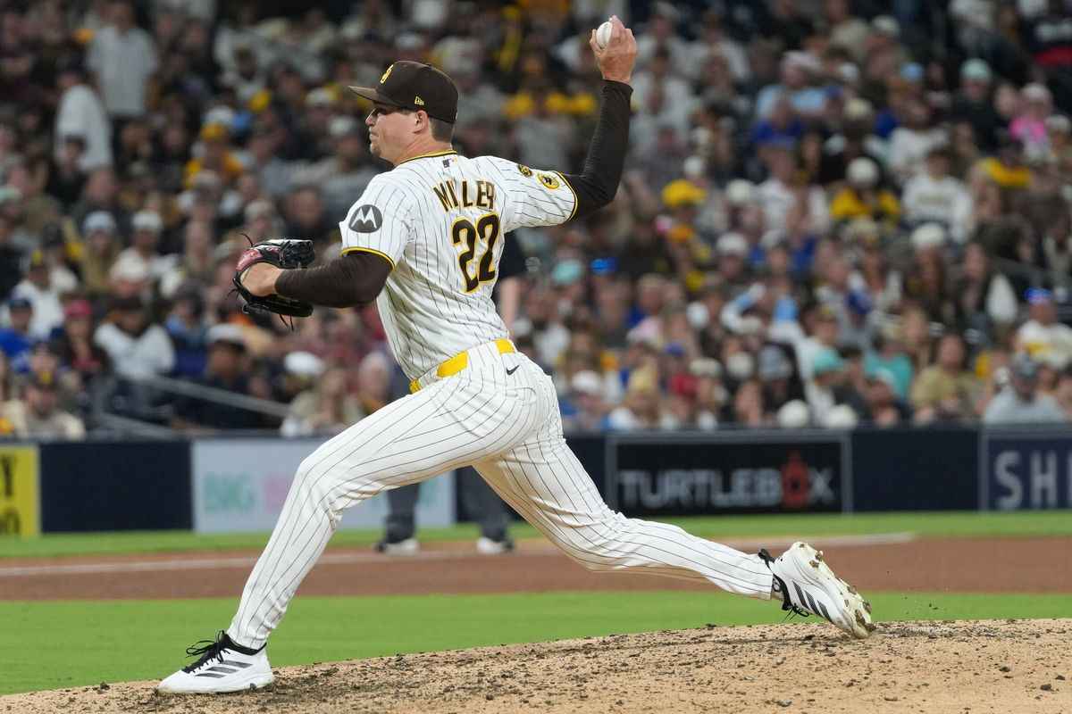 Padres relief pitcher Mason Miller (22) pitches the ball during an MLB baseball game against the Blue Jays, Saturday July 11, 2026 in San Diego, California. Padres relief pitcher Mason Miller (22) pitches the ball during an MLB baseball game against the Blue Jays, Saturday July 11, 2026 in San Diego, California.