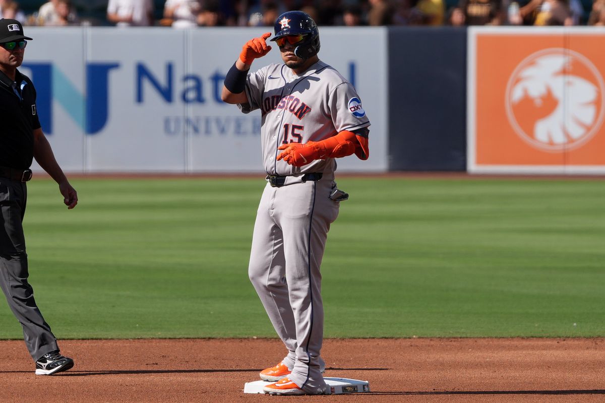 Astros third baseman Isaac Paredes (15) celebrates after hitting a double during an MLB baseball game against the Padres, Saturday August 08, 2026 in San Diego, California. Astros third baseman Isaac Paredes (15) celebrates after hitting a double during an MLB baseball game against the Padres, Saturday August 08, 2026 in San Diego, California.