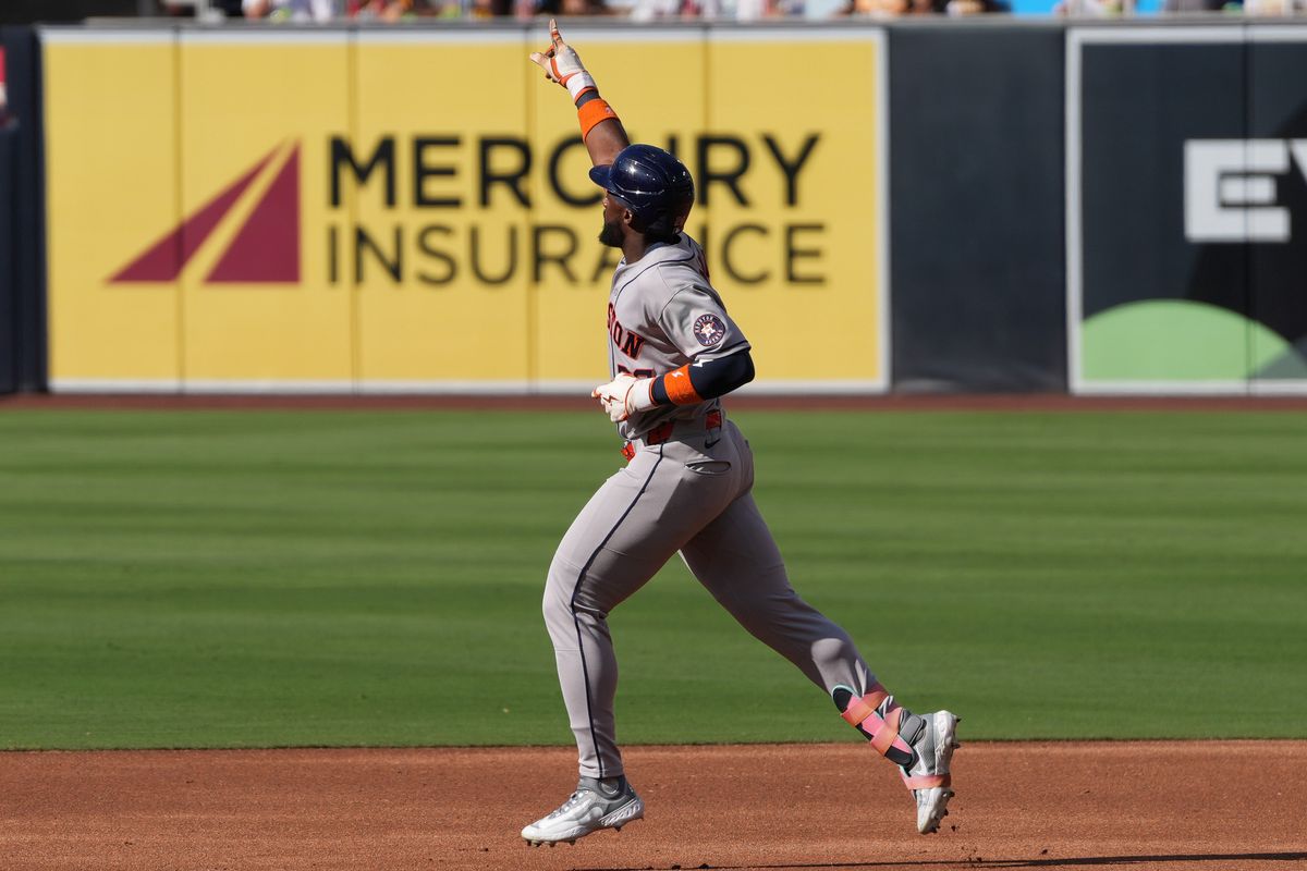 Astros center fielder Taylor Trammell (26) celebrates after hitting a home run during an MLB baseball game against the Padres, Saturday August 08, 2026 in San Diego, California. Astros center fielder Taylor Trammell (26) celebrates after hitting a home run during an MLB baseball game against the Padres, Saturday August 08, 2026 in San Diego, California.