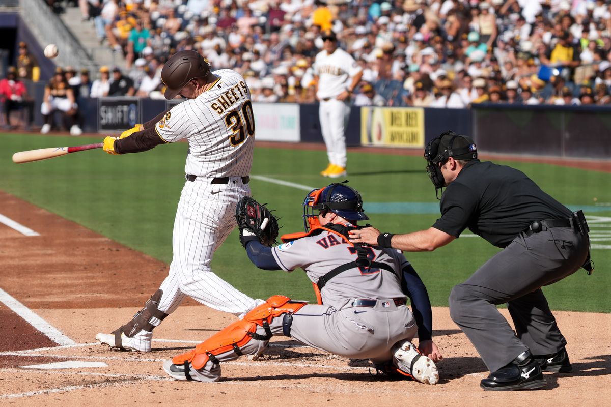 Padres first baseman Gavin Sheets (30) hits a foul ball during an MLB baseball game against the Astros, Saturday August 08, 2026 in San Diego, California. Padres first baseman Gavin Sheets (30) hits a foul ball during an MLB baseball game against the Astros, Saturday August 08, 2026 in San Diego, California.