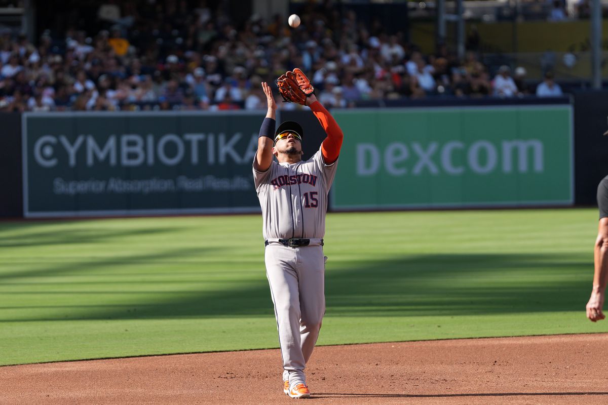 Astros third baseman Isaac Paredes (15) catches a pop fly during an MLB baseball game against the Padres, Saturday August 08, 2026 in San Diego, California. Astros third baseman Isaac Paredes (15) catches a pop fly during an MLB baseball game against the Padres, Saturday August 08, 2026 in San Diego, California.